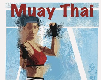 May include: A woman in a red sports bra and shorts is practicing Muay Thai. She is wearing red and white boxing gloves and has a determined expression on her face. The background is a blue and white abstract design with the words "Muay Thai" in red at the top.