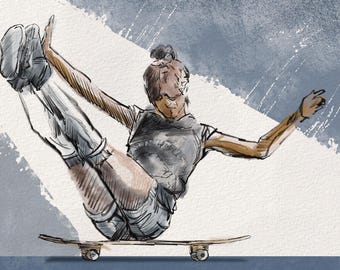 Skateboard Wall Art – Abstract Sports Poster – Teen Girl Bedroom Decor – Dynamic Female Athlete Print – Unframed - v18