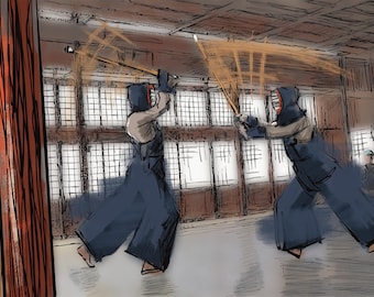 Kendo Wall Art – Female Martial Artist Poster – Teen Girl Bedroom Decor – Abstract Kendo Print – Unframed Action Artwork – v04