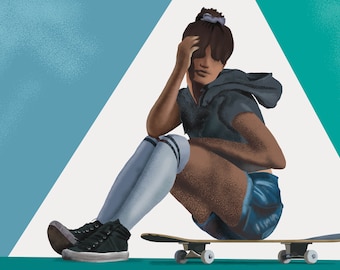 Plakat na ścianę z deskorolką – Abstrakcyjny plakat sportowy – Dekoracja do pokoju nastolatki – Dynamiczny wydruk z atletką – Bez ramki – v13