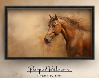 May include: A painting of a brown horse with a flowing mane, set against a soft, beige background with subtle brushstrokes. The horse's head is turned to the side, and its eyes are closed. The painting is framed in a black frame.