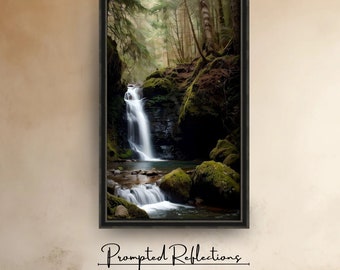 May include: A framed photograph of a waterfall cascading down a mossy rock face in a lush green forest. The water is clear and sparkling, and the surrounding foliage is vibrant and verdant.
