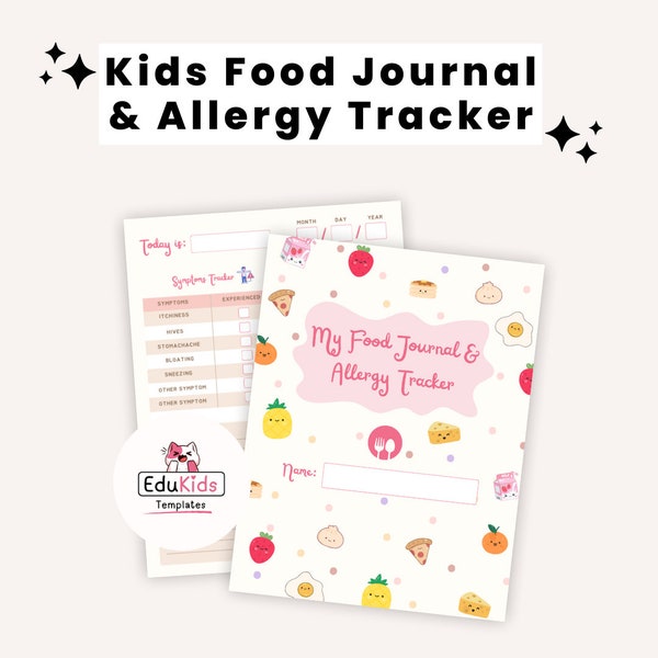 Allergie-trackingsjabloon, kindervoedseldagboek, dagelijks ritme voor kinderen, kinderdagboeksjabloon, schattige tijdschriften, allergie-trackingsjabloon, PDF-bestand