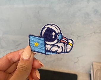 Astronaut with Laptop Embroidery Patch - Iron On, Sew On