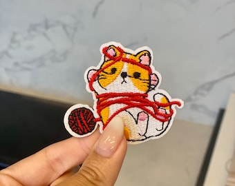 Cat with Yarn Embroidery Patch - Iron On