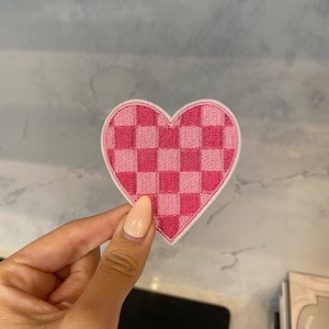 Checkered Pink Heart Embroidery Patch - Iron On, Sew On