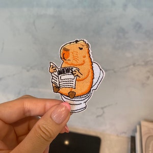 Pode incluir: Patch bordado de uma capivara de desenho animado sentada em um vaso sanitário e lendo um jornal com a palavra "NEWS" impressa.