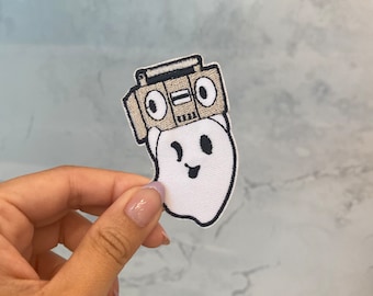 Ghost with Boom Box Embroidery Patch - Iron On, Sew On, Kawaii Patches, Cute Patches, Spooky Patch, Music Patch, Funny Meme Patch