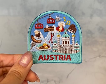 Naszywka z haftem „Austria Travel” – do prasowania i przyszycia, naszywka europejska, prezent dla podróżnika