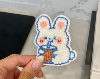 Bunny Drinking Bubble Tea/Boba Embroidery Patch - Iron On