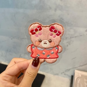 Pink Teddy Bear with Ribbons Embroidery Patch - Adhesive Stick On, Sew On