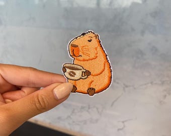 Capybara with Coffee Embroidery Patch - Iron On, Sew On, Animal Patch, Cafe Patch, Kawaii Patch