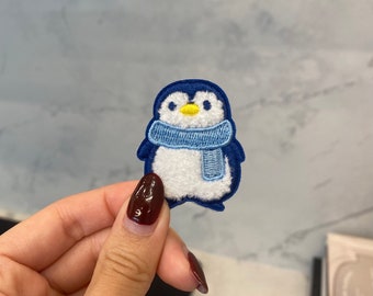 Kawaii Penguin with Blue Scarf Embroidery Patch - Iron On, Sew On