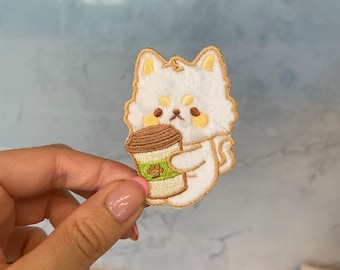 Cat with Coffee Embroidery Patch - Iron On, Sew On, Kitten Patch, Animal Patch, Kawaii Patches