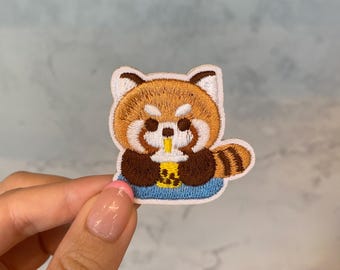 Écusson de broderie renard roux buvant du thé aux perles - Repasser à repasser, coudre, écusson Boba, écussons kawaii, écusson animal