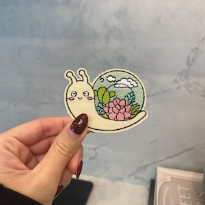 Snail with Plant Shell Embroidery Patch - Iron On, Sew On