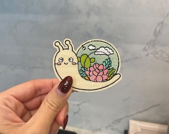 Snail with Plant Shell Embroidery Patch - Iron On, Sew On
