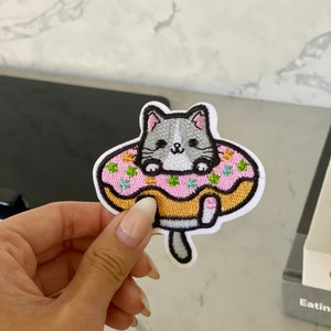 Cat in Donut Embroidery Patch - Iron On