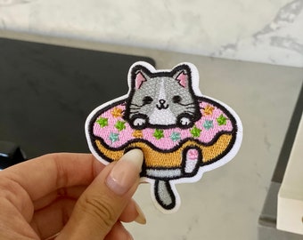 Cat in Donut Embroidery Patch - Iron On
