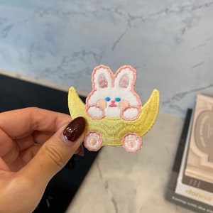 Bunny/Rabbit Holding Crescent Moon Kawaii Animal Embroidery Patch - Iron On, Sew On