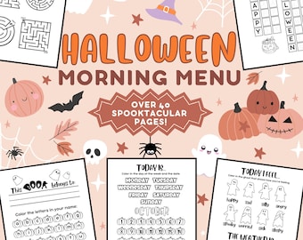 Páginas del menú de la mañana de Halloween / Menú de la mañana preescolar / Hojas de trabajo preescolares / Menú de la mañana Educación en casa / PDF imprimible, Descarga digital
