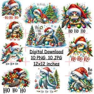 May include: A digital download of 10 PNG and 10 JPG images featuring a Christmas-themed sea turtle wearing a Santa hat and surrounded by Christmas decorations. The images are 12x12 inches.