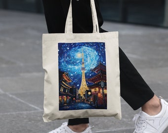 Tokyo Tragetasche Baumwollsegeltuch-Einkaufstasche Vincent Van Gogh Die sternenklare Nacht Buchtasche Tokyo Skytree Künstlertasche für sie Ästhetische Tasche für ihn