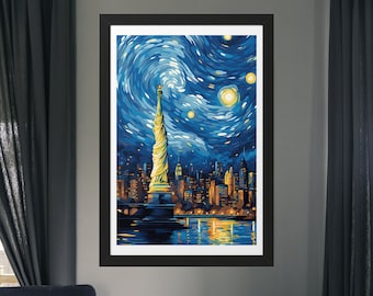 New York Framed Print The Starry Night Wall Art Vincent van Gogh Framed Poster Statue of Liberty Gift for Her Gift for Him New York Decor
