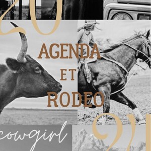 Peut inclure: Un collage d'images sur le thème western. Le texte "AGENDA ET RODEO 2024" est au centre de l'image. D'autres images incluent un chapeau de cowboy, une cowgirl à cheval, une botte de cowboy et un cactus.