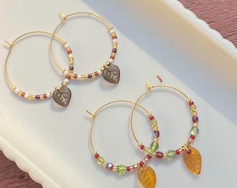 Autumn Leaf Dangle Hoop Earrings: Gold Plated, Czech Glass Charms