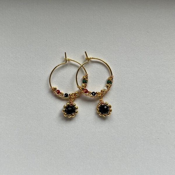 Beaded Palestine Flower Charm Wire-Wrapped Hoop Earrings, 18k Gold Plated Hoops with Red, Black, White, and Green Seed Beads, Gift for Her