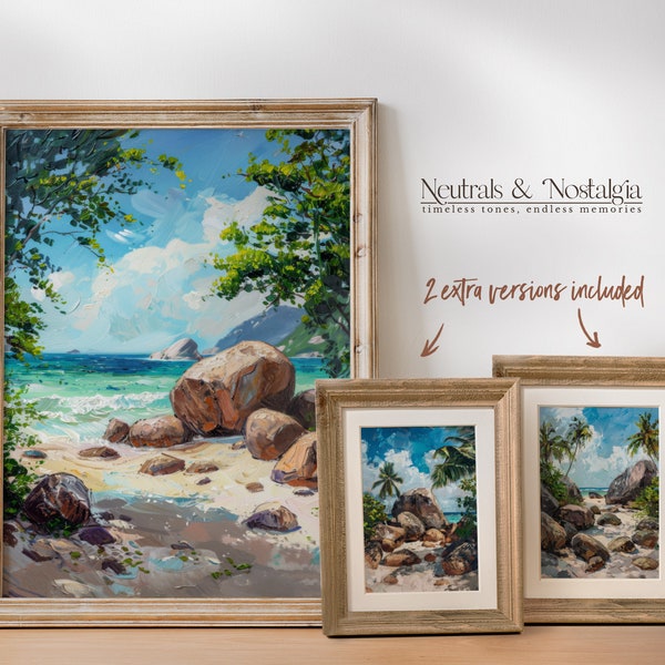 Seychelles Anse Source d'Argent Wall Art Prints | Set of 3 Printable Coastal Oil Paintings, Seychellois Wall Decor, Anse Source d'Argent Art