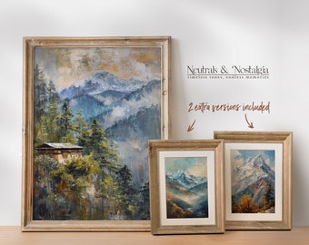Himalaya Bhutan Jomolhari Sacred Mountain Presence Wall Art Prints / Set di 3 dipinti ad olio di montagna stampabili, Arti di decorazione del paesaggio del Bhutan
