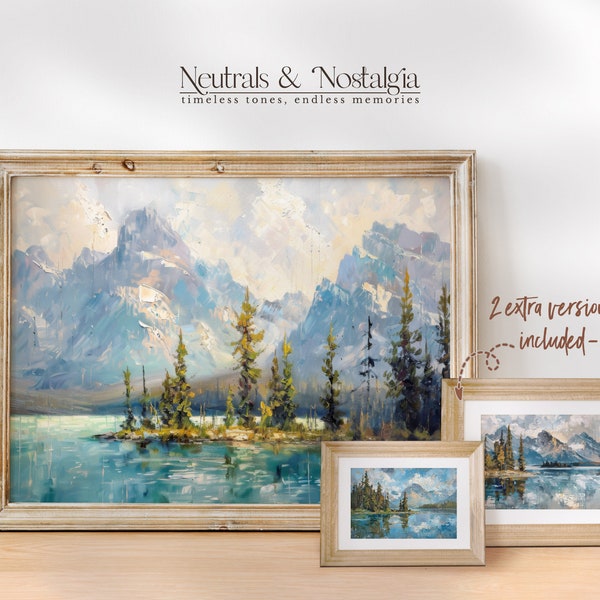 Canadian Rockies Spirit Island Maligne Lake Wall Art Prints | Set of 3 Printable Mountain Oil Paintings, Canadian Landscape Decor Art Prints