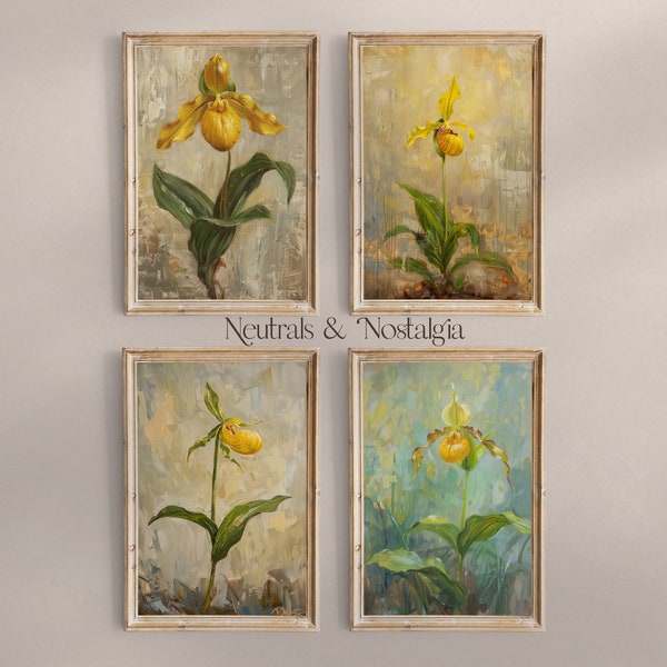 Vintage Printable Yellow Lady's Slipper Botanical Prints Set of 4: Portraying Muted Wildflower Floral Compositions for Wall Decor