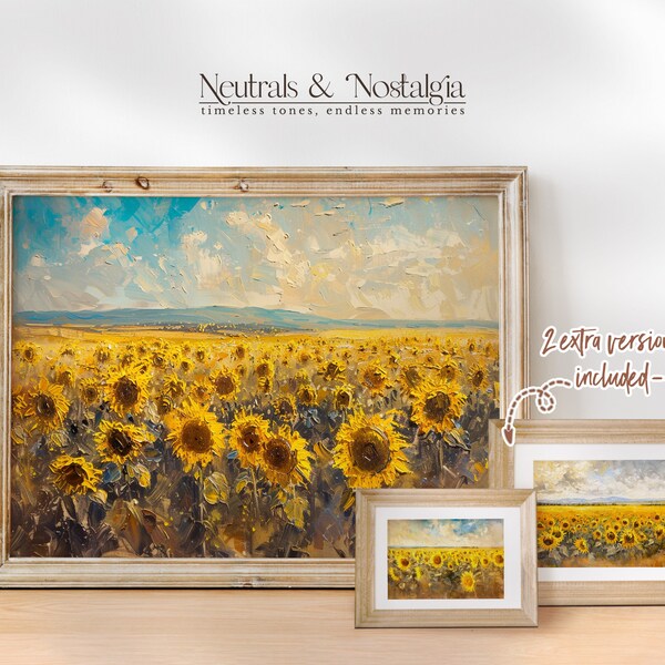 Endless Sunflower Fields in Castilla La Mancha Spain | Set of 3 Sunflower Paintings | Spanish Landscape Wall Decor | Field Oil Painting