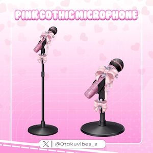 May include: Two pink and black microphones with decorative bows and crosses. The microphones are labeled "PINK GOTHIC MICROPHONE" and are set against a pink background with hearts. One microphone is on a stand, the other on a base.