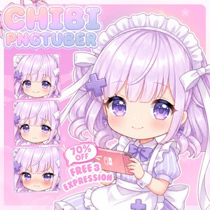 Puede incluir: Una ilustración digital de un personaje chibi con cabello violeta claro, vistiendo un atuendo estilo sirvienta con delantal blanco y lazos violetas. El personaje sostiene una consola de juegos portátil. Texto: CHIBI PNGTUBER, 70% OFF, FREE 3 EXPRESSION.