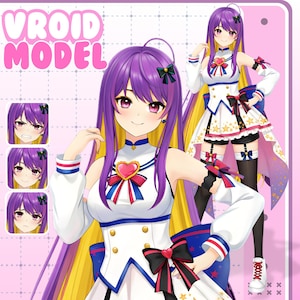 May include: A digital illustration of a female anime character with purple hair and a white and blue outfit. The character has a heart-shaped pendant and a black bow. The image includes the text "Vroid Model" in pink.