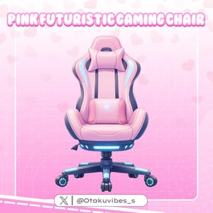 Puede incluir: Silla de juego futurista rosa con un diseño elegante. La silla presenta una combinación de colores rosa y negro con detalles en azul. Tiene reposacabezas, soporte lumbar y base de cinco ruedas. El texto "PINK FUTURISTIC GAMING CHAIR" está en la parte superior.