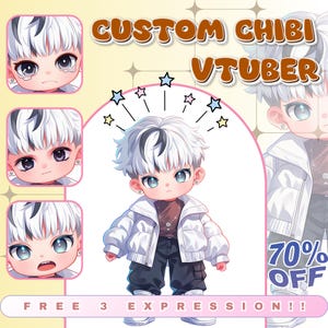 Aangepast Vtuber-model voor commercieel gebruik | Aangepast Chibi Vtuber-model, Chibi vtuber, volledig gemonteerd, anime-kunst, png, mannelijke Vtuber, emotes