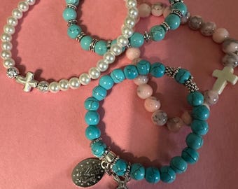 Religious Turquoise Bead Bracelet with Cross Charm