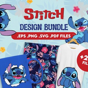 Puede incluir: Un paquete de diseños de personajes Stitch azules con más de 200 archivos. El paquete incluye una variedad de diseños con Stitch en diferentes poses, incluyendo una taza, una camiseta y un patrón. Los diseños están disponibles en formatos EPS, PNG, SVG y PDF.