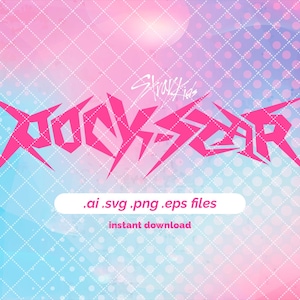 Puede incluir: Diseño gráfico rosa y azul con el texto "Stray Kids" y "Rock Star" en una fuente en negrita y estilizada. El texto está sobre un fondo rosa y azul con un patrón de cuadrícula blanca.