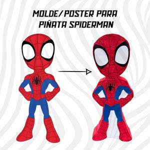 May include: A red, blue, and black Spider-Man piñata template. The image shows a cartoon illustration of Spider-Man with a black spider emblem on the chest. The text at the top reads "MOLDE/POSTER PARA PIÑATA SPIDERMAN."