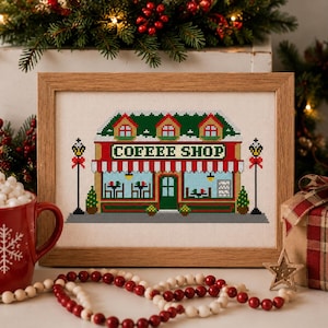 Mistletoe Memories: Coffee Shop Cross Stitch Pattern Holiday Village PDF Holiday Cafe, Winter Needlepoint Chart (Digital Download)
