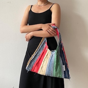 Denim shoulder bag Patchwork multicolor denim purse Reversible everyday accent bag Upcycled jean bag One of a kind bag IN STOCK
