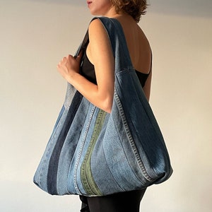 Large denim tote Upcycled jeans Reversible patchwork bag