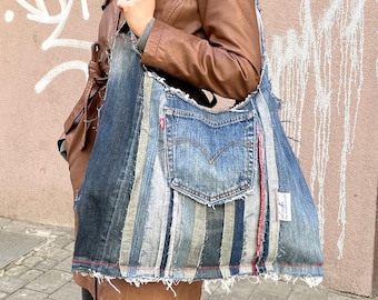 Vintage jeans bag Large denim bag Upcycled jeans bag with frayed edges Patchwork style