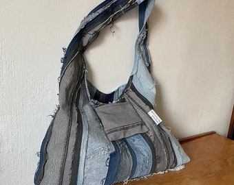 Boho denim tote Large bag Patchwork style